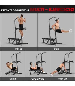 Estación de Musculación Torre de Entrenamiento Altura Ajustable con Barra de Dominadas y Banco Plegable para Fitness en Casa Gim