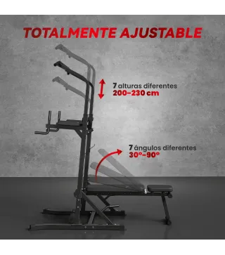 Estación de Musculación Torre de Entrenamiento Altura Ajustable con Barra de Dominadas y Banco Plegable para Fitness en Casa Gim