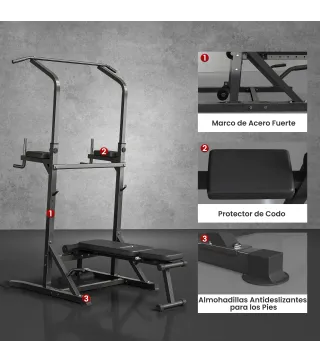 Estación de Musculación Torre de Entrenamiento Altura Ajustable con Barra de Dominadas y Banco Plegable para Fitness en Casa Gim