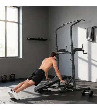 Estación de Musculación Torre de Entrenamiento Altura Ajustable con Barra de Dominadas y Banco Plegable para Fitness en Casa Gim