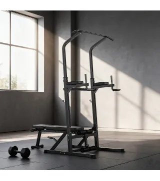 Estación de Musculación Torre de Entrenamiento Altura Ajustable con Barra de Dominadas y Banco Plegable para Fitness en Casa Gim