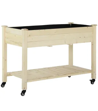 Huerto Urbano Mesa de Cultivo 118x55x83 cm Elevado de Madera con Estante Tela Geotextil Ruedas con Frenos Portátil para Cultivo