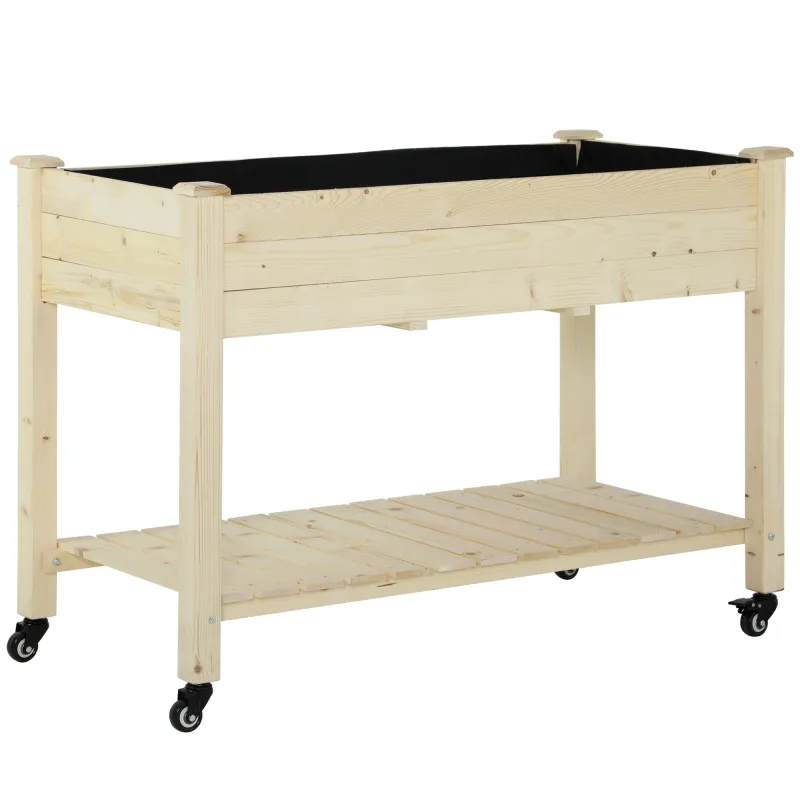 Huerto Urbano Mesa de Cultivo 118x55x83 cm Elevado de Madera con Estante Tela Geotextil Ruedas con Frenos Portátil para Cultivo