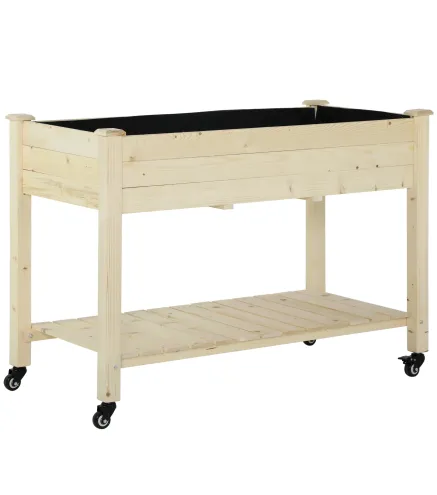 Huerto Urbano Mesa de Cultivo 118x55x83 cm Elevado de Madera con Estante Tela Geotextil Ruedas con Frenos Portátil para Cultivo