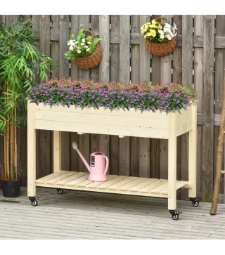 Huerto Urbano Mesa de Cultivo 118x55x83 cm Elevado de Madera con Estante Tela Geotextil Ruedas con Frenos Portátil para Cultivo