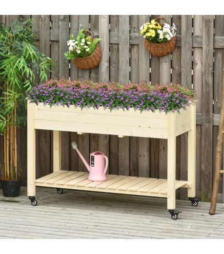 Huerto Urbano Mesa de Cultivo 118x55x83 cm Elevado de Madera con Estante Tela Geotextil Ruedas con Frenos Portátil para Cultivo