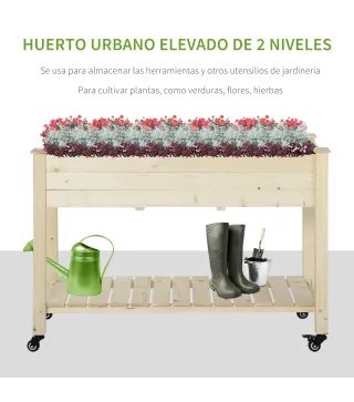 Huerto Urbano Mesa de Cultivo 118x55x83 cm Elevado de Madera con Estante Tela Geotextil Ruedas con Frenos Portátil para Cultivo