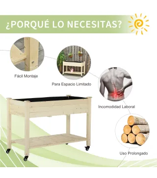 Huerto Urbano Mesa de Cultivo 118x55x83 cm Elevado de Madera con Estante Tela Geotextil Ruedas con Frenos Portátil para Cultivo