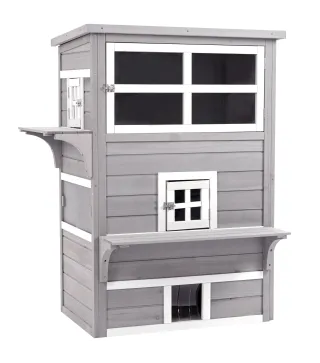 Caseta para Gatos de Madera Exterior Casa Grande para Gatos de 3 Pisos con Múltiples Entradas Ventanas y 2 Plataformas para Terr