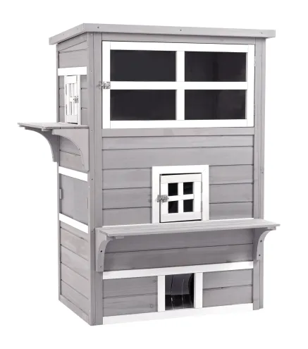 Caseta para Gatos de Madera Exterior Casa Grande para Gatos de 3 Pisos con Múltiples Entradas Ventanas y 2 Plataformas para Terr