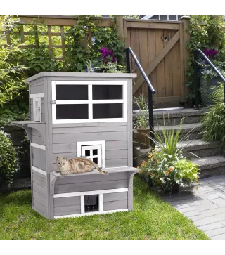 Caseta para Gatos de Madera Exterior Casa Grande para Gatos de 3 Pisos con Múltiples Entradas Ventanas y 2 Plataformas para Terr