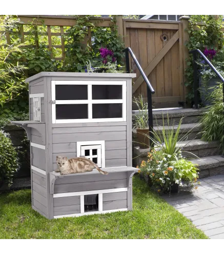 Caseta para Gatos de Madera Exterior Casa Grande para Gatos de 3 Pisos con Múltiples Entradas Ventanas y 2 Plataformas para Terr
