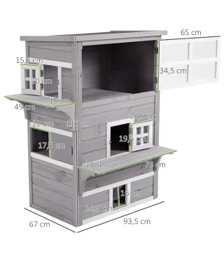 Caseta para Gatos de Madera Exterior Casa Grande para Gatos de 3 Pisos con Múltiples Entradas Ventanas y 2 Plataformas para Terr