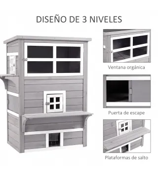 Caseta para Gatos de Madera Exterior Casa Grande para Gatos de 3 Pisos con Múltiples Entradas Ventanas y 2 Plataformas para Terr