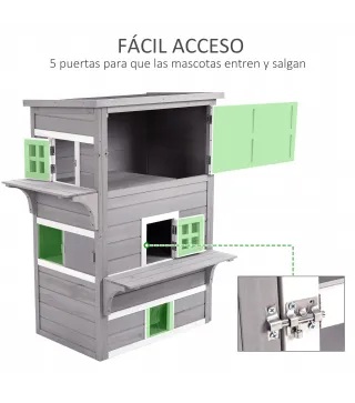 Caseta para Gatos de Madera Exterior Casa Grande para Gatos de 3 Pisos con Múltiples Entradas Ventanas y 2 Plataformas para Terr