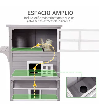 Caseta para Gatos de Madera Exterior Casa Grande para Gatos de 3 Pisos con Múltiples Entradas Ventanas y 2 Plataformas para Terr