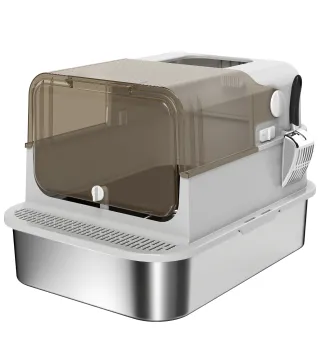 Arenero para Gatos de Acero Inoxidable XXL con Tapa Abatible Laterales Altos Entrada Superior Pala Gris