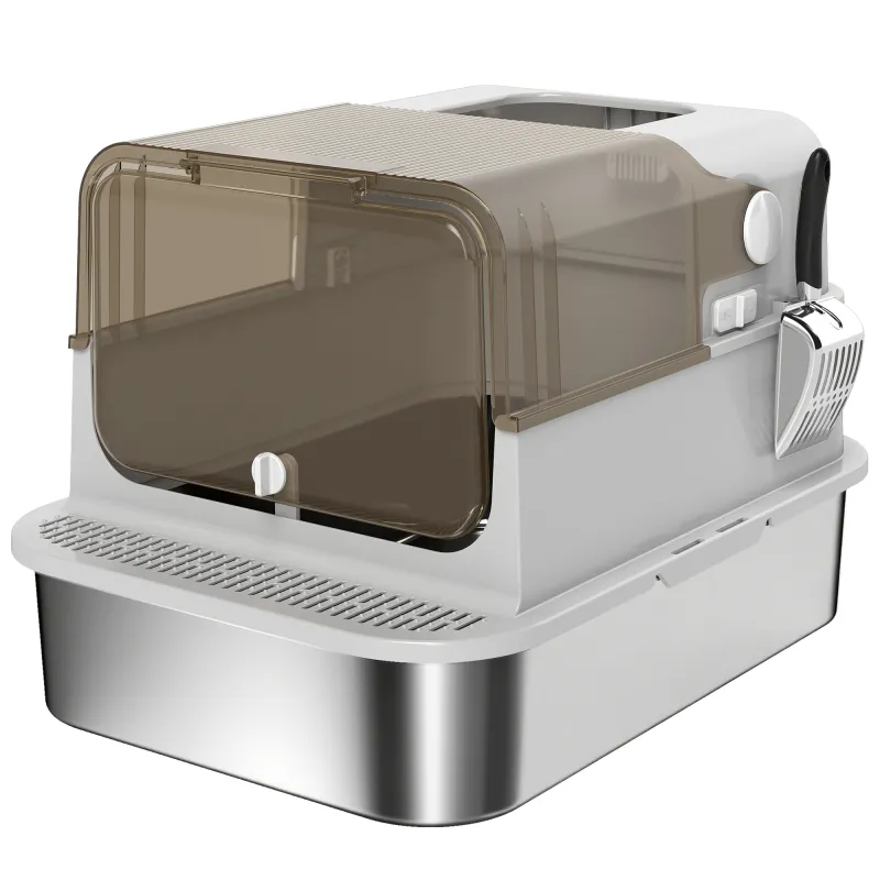 Arenero para Gatos de Acero Inoxidable XXL con Tapa Abatible Laterales Altos Entrada Superior Pala Gris