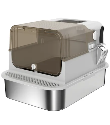 Arenero para Gatos de Acero Inoxidable XXL con Tapa Abatible Laterales Altos Entrada Superior Pala Gris