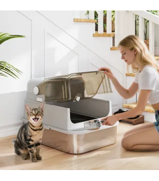 Arenero para Gatos de Acero Inoxidable XXL con Tapa Abatible Laterales Altos Entrada Superior Pala Gris