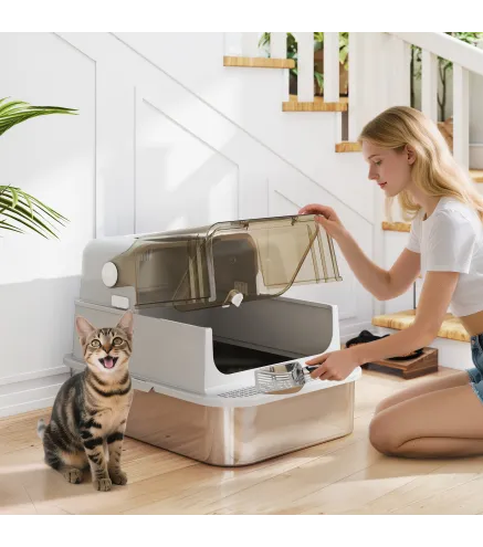 Arenero para Gatos de Acero Inoxidable XXL con Tapa Abatible Laterales Altos Entrada Superior Pala Gris