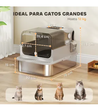 Arenero para Gatos de Acero Inoxidable XXL con Tapa Abatible Laterales Altos Entrada Superior Pala Gris