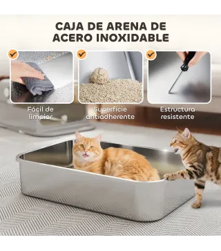 Arenero para Gatos de Acero Inoxidable XXL con Tapa Abatible Laterales Altos Entrada Superior Pala Gris