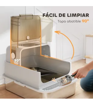 Arenero para Gatos de Acero Inoxidable XXL con Tapa Abatible Laterales Altos Entrada Superior Pala Gris