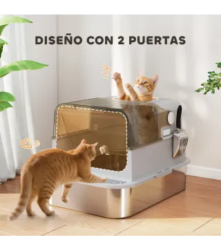 Arenero para Gatos de Acero Inoxidable XXL con Tapa Abatible Laterales Altos Entrada Superior Pala Gris