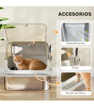 Arenero para Gatos de Acero Inoxidable XXL con Tapa Abatible Laterales Altos Entrada Superior Pala Gris