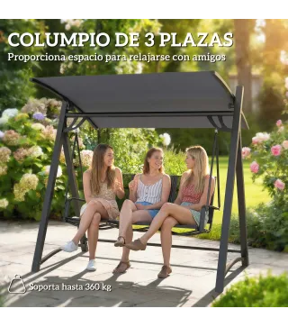 Columpio de Jardín de 3 Plazas con Techo Ajustable UPF50+ Asiento Transpirable Carga 360 kg 188x130x183 cm Gris