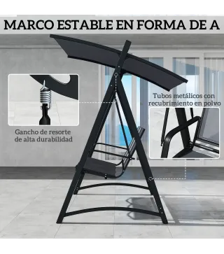 Columpio de Jardín de 3 Plazas con Techo Ajustable UPF50+ Asiento Transpirable Carga 360 kg 188x130x183 cm Gris