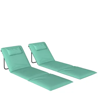 Conjunto de 2 Esterillas de Playa Plegable con Respaldo Ajustable Reposacabezas Acolchado 146x50x2 cm Verde