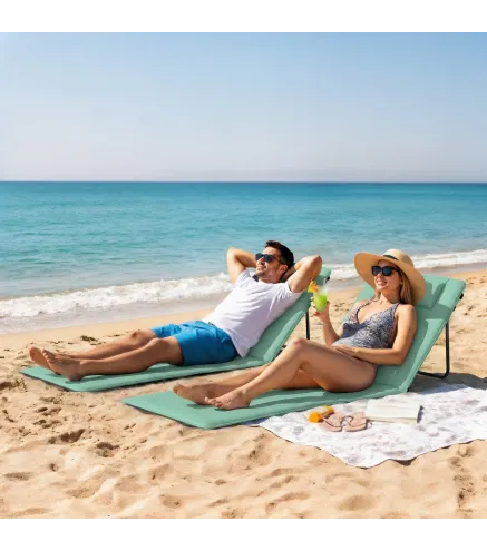 Conjunto de 2 Esterillas de Playa Plegable con Respaldo Ajustable Reposacabezas Acolchado 146x50x2 cm Verde