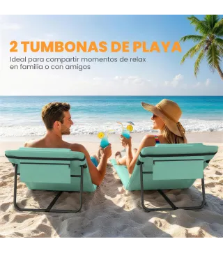 Conjunto de 2 Esterillas de Playa Plegable con Respaldo Ajustable Reposacabezas Acolchado 146x50x2 cm Verde