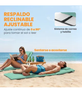 Conjunto de 2 Esterillas de Playa Plegable con Respaldo Ajustable Reposacabezas Acolchado 146x50x2 cm Verde