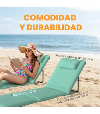 Conjunto de 2 Esterillas de Playa Plegable con Respaldo Ajustable Reposacabezas Acolchado 146x50x2 cm Verde