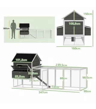 Gallinero Madera Grande Exterior con 2 Nidos Corral Techo Asfáltico Bandeja Extraíble Rampa 347x160x150 cm Gris Oscuro