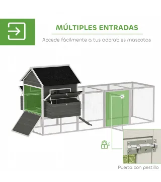 Gallinero Madera Grande Exterior con 2 Nidos Corral Techo Asfáltico Bandeja Extraíble Rampa 347x160x150 cm Gris Oscuro