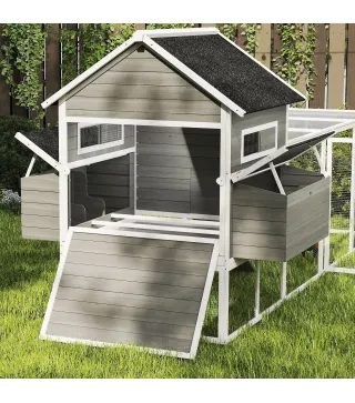 Gallinero Madera Grande Exterior con 2 Nidos Corral Techo Asfáltico Bandeja Extraíble Rampa 347x160x150 cm Gris Oscuro