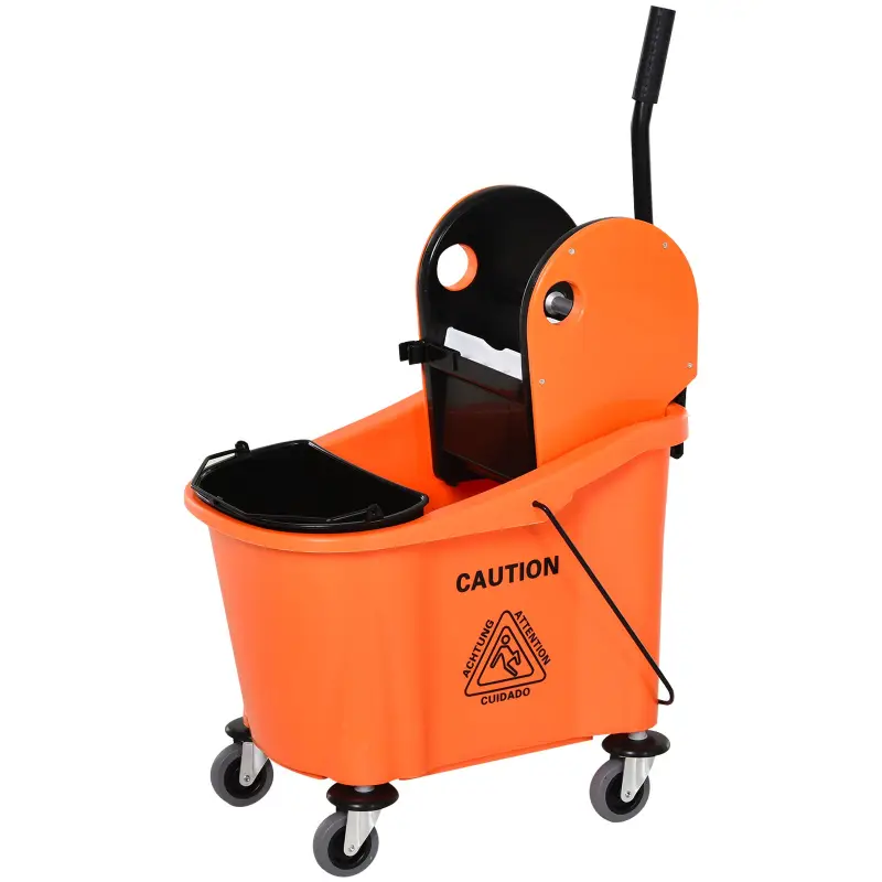 Cubo de Fregona con Ruedas 36L Carro de Limpieza con Escurridor de Presión y 2 Cubetas Separadas 54x41x91,5cm Naranja