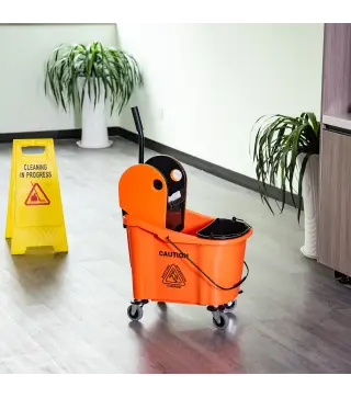 Cubo de Fregona con Ruedas 36L Carro de Limpieza con Escurridor de Presión y 2 Cubetas Separadas 54x41x91,5cm Naranja