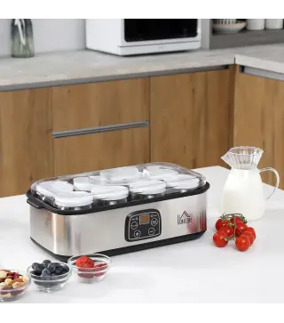Yogurtera 30W Capacidad 1,44L con 8 Tarros de Cristal de 180 ml Termostato Ajustable Temporizador de 1-48 Horas y Apagad