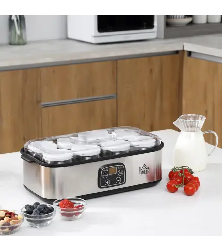 Yogurtera 30W Capacidad 1,44L con 8 Tarros de Cristal de 180 ml Termostato Ajustable Temporizador de 1-48 Horas y Apagad