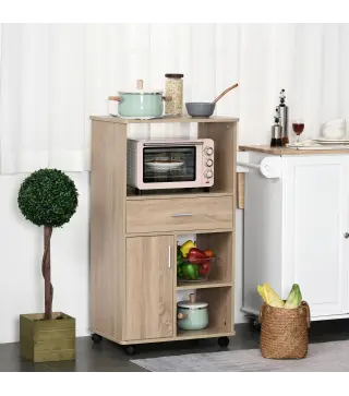 Carro de Cocina para Microondas Aparador de Almacenaje con 4 Ruedas y Frenos Cajón Estantes Abiertos Compartimento con P