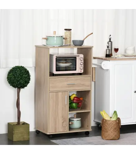 Carro de Cocina para Microondas Aparador de Almacenaje con 4 Ruedas y Frenos Cajón Estantes Abiertos Compartimento con P