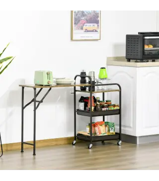 Carro de Cocina con Ruedas Carrito Auxiliar con Estantes de 3 Niveles Hoja Abatible y 2 Portavasos Multiusos para Comedo