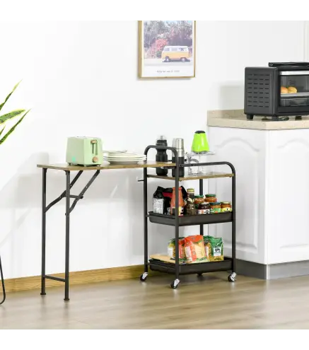 Carro de Cocina con Ruedas Carrito Auxiliar con Estantes de 3 Niveles Hoja Abatible y 2 Portavasos Multiusos para Comedo