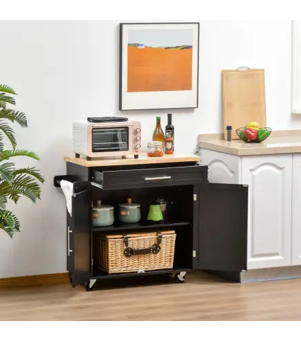 Carrito de Cocina con Armario con Puertas y Estante Interior Ajustable Cajón Barra y Especiero Móvil Aparador Auxiliar con Rueda