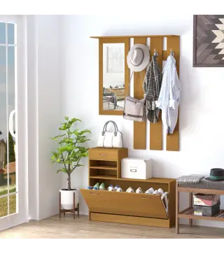 Recibidor de Entrada con Espejo Perchero y Zapatero Mueble de Recibidor de 2 Piezas con 6 Ganchos Estantes y Cajón Abati